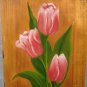 Primitive Pink Tulip Flowers Painting on Wood Folk Art
