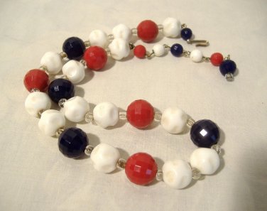 Red White Blue Beads Necklace Patriotic Milk Glass & Plastic Vintage Choker