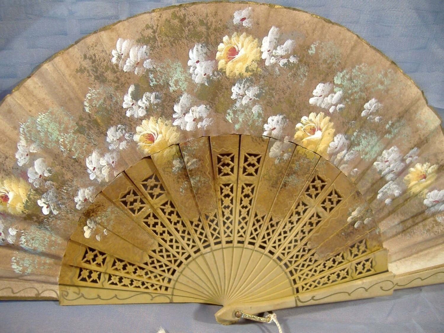 Hand Painted Linen Fan Flowers Antique Vintage Floral Pierced Celluloid