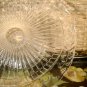 Vintage Pressed Glass Cake Stand Pedestal Leaf Vine Ray Pattern 9 1/2"