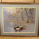 Mallard Ducks Embroidered Landscape Print Vintage Textile Fabric Art