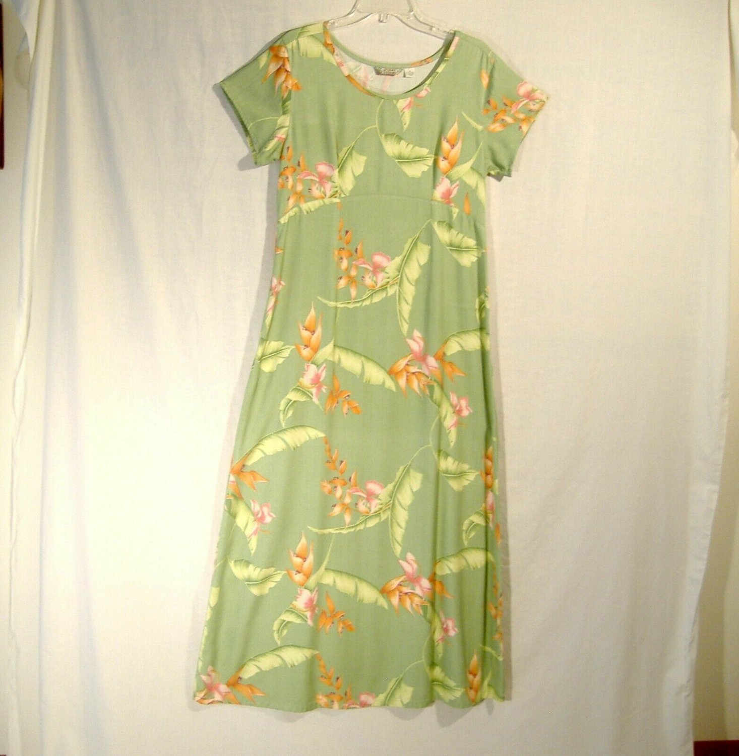 Tommy Bahama Long Silk Dress Sz 12 M L Tropical Leaves Print Short Sleeves