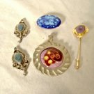 Vintage Enamel Copper Metal Pin Pendant Earrings Abstract Modern 4 pc Lot