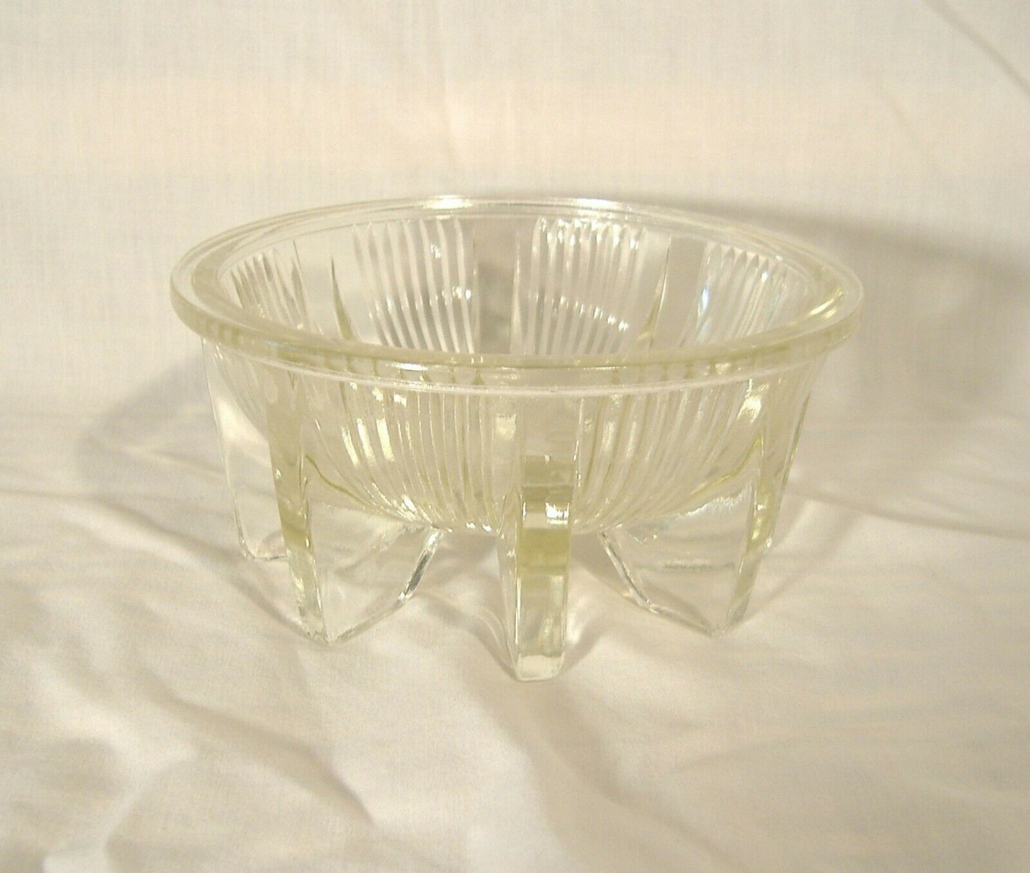 Mid Century Modern Glass Bowl Vintage Clear Ribbed Footed Candy Dish Atomic