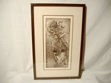 Geranium Flower Pot Etching Print Abstract Expressionist Vintage Signed