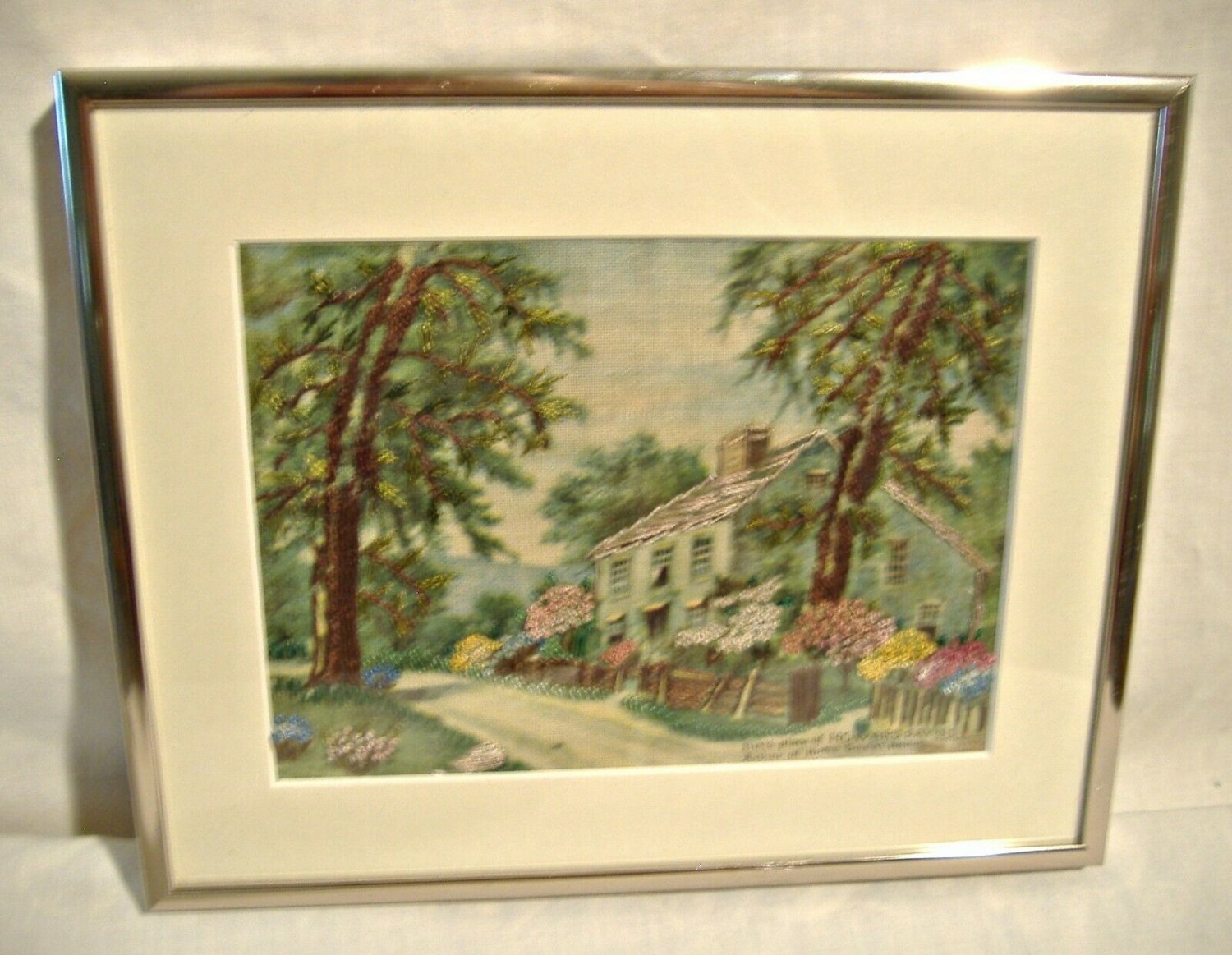 Vintage Needle Painting Embroidery Howard Payne Birth Place Home Hiawatha Heirloom