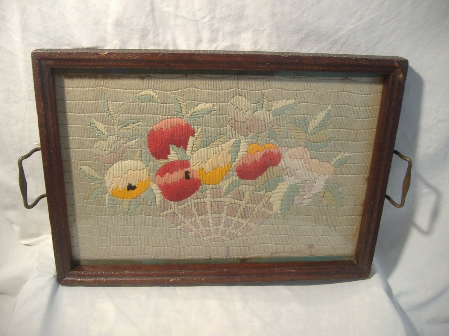 Primitive Antique Framed Needlework Tray Wool Yarn Flower Basket