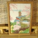 Japanese Silk Print Pagoda Cherry Blossoms Vintage Framed