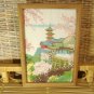 Japanese Silk Print Pagoda Cherry Blossoms Vintage Framed