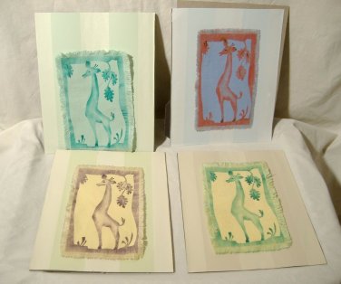 Giraffe Fine Linen Screen Prints Vintage Lot of 4 Textile Fabric Art