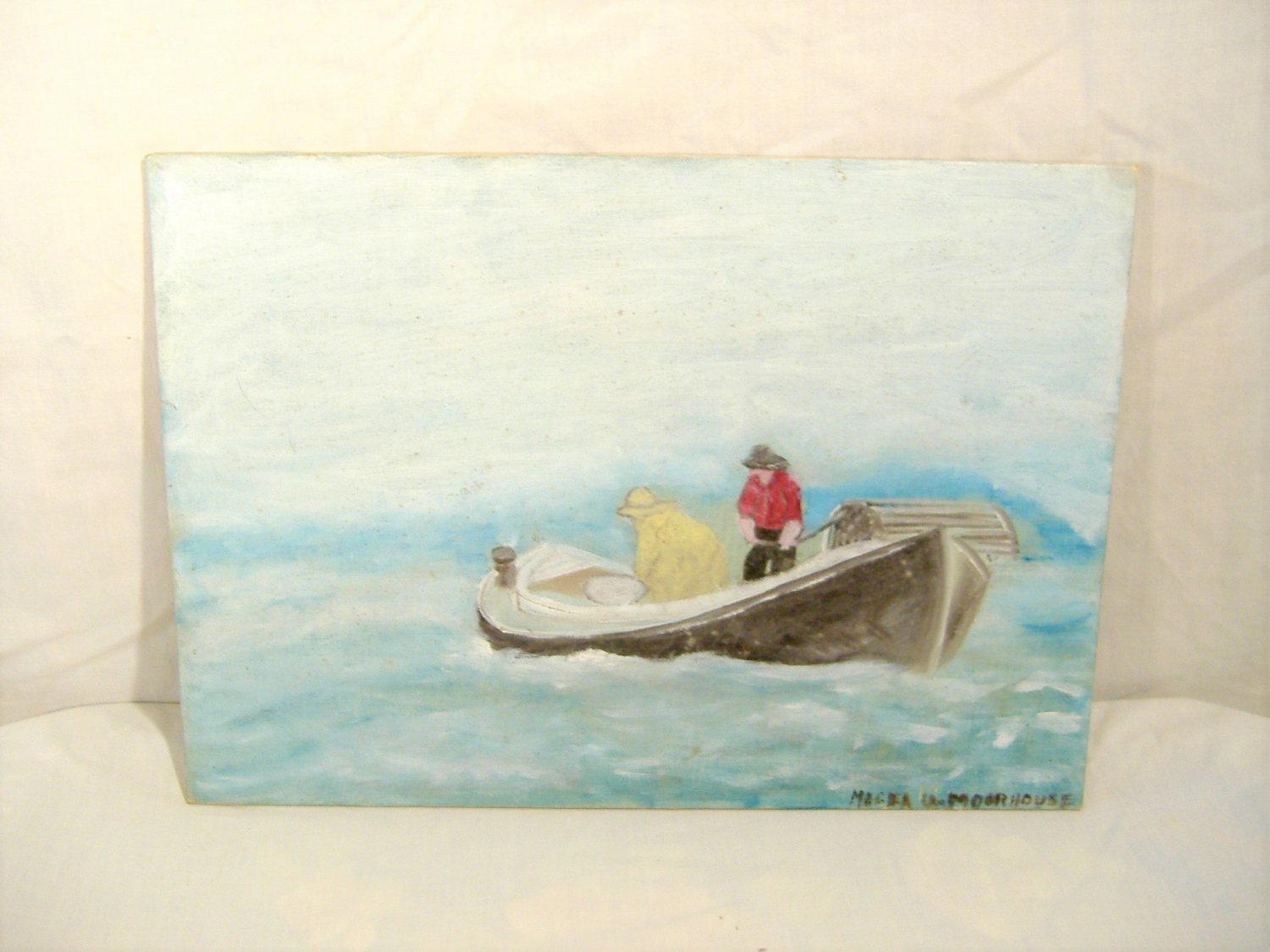 Vintage Impressionist Lobstermen Seascape Painting Oil Signed Magda Moorhouse
