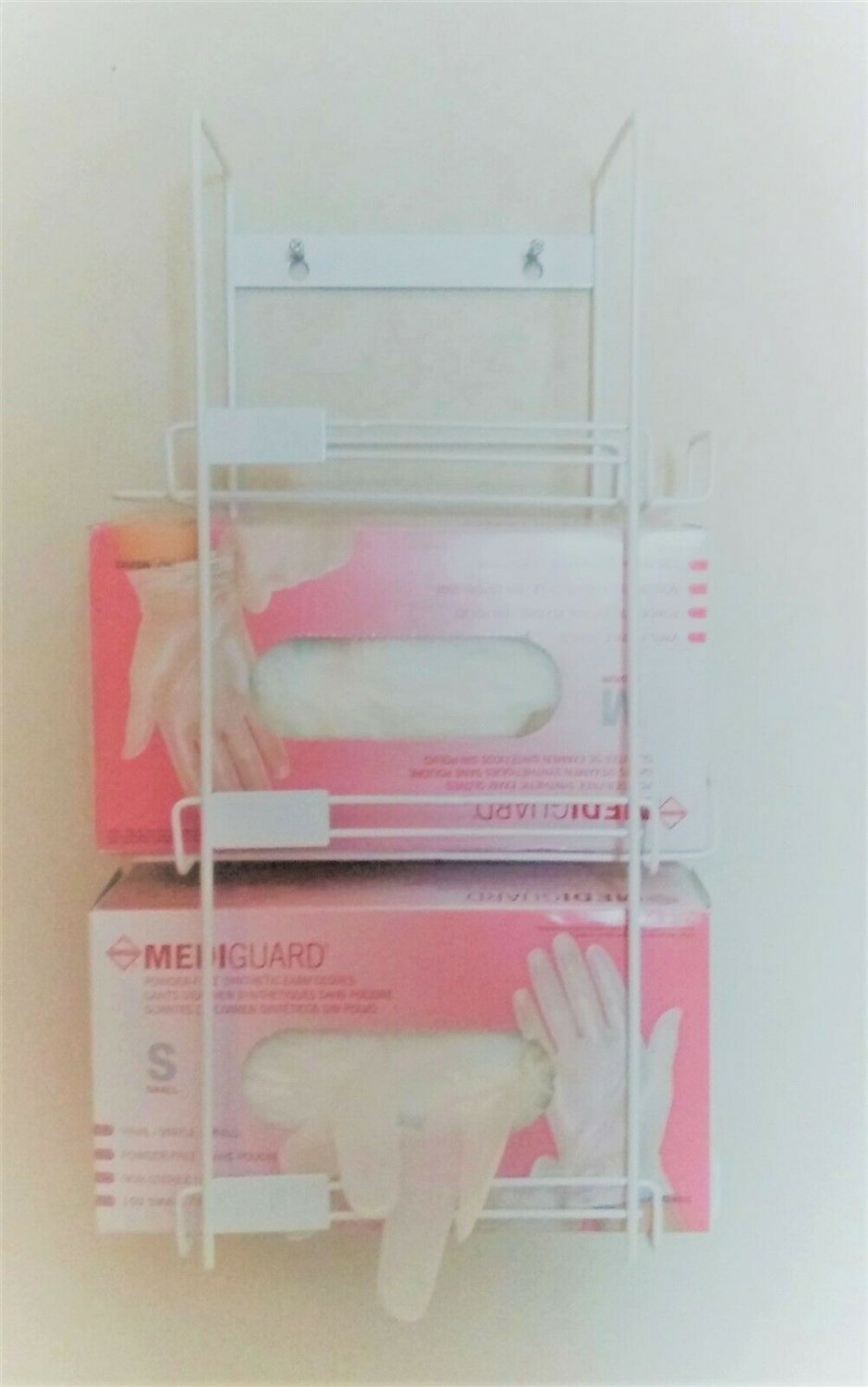 3 Box White Wire Mount Glove Rack or Holder with medical gloves