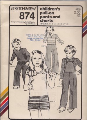 Vintage Stretch & Sew 874 Children's Pull-On Pants, Shorts, Overalls - Hip Sz. 22 - 28
