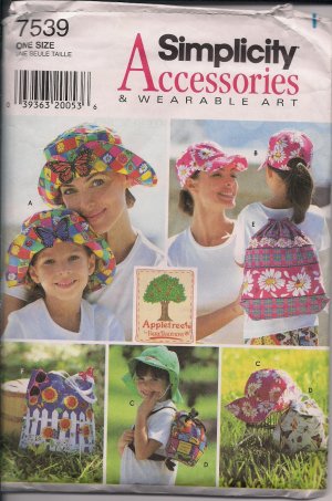 Simplicity 7539 Accessories -Hat Cap Backpack Tote AdultsChildren