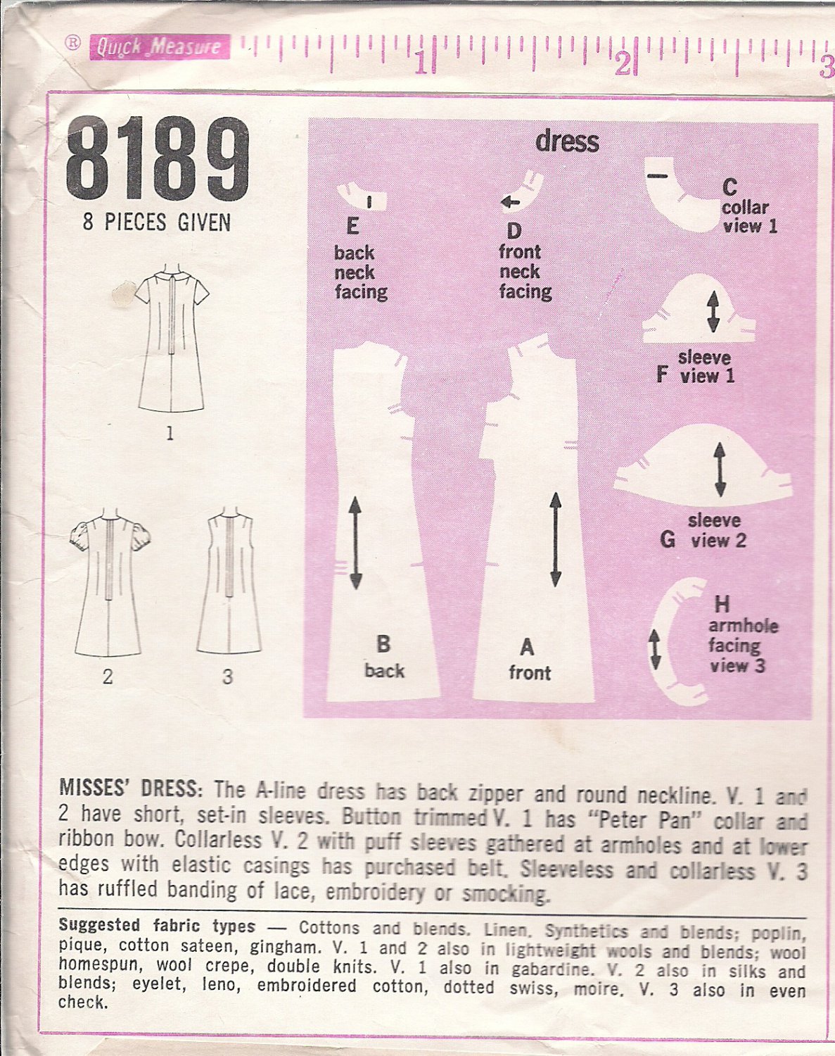 Vintage simplicity 8189 Misses Dress - 1969 - Sz. 10