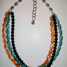 Triple Strand Blackstone, Amber Glass, & Teal Glass Necklace