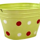6.5" Tall, Bottom 5" Deep x 7" Wide, Green with Polka Dots Oval Tin Bucket