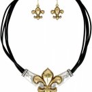 Two-Tone Fleur de Lis Multi-Corded Necklace and Earring Set