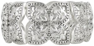 Silvertone Flowers & Fleur de Lis Stretch Bracelet