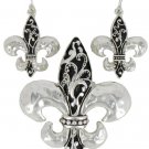 Silvertone & Jet Scroll Design Fleur de Lis Pendant and Earrings Set