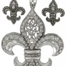 Vintage Silvertone & Crystal Fleur de Lis Pendant and Earring Set