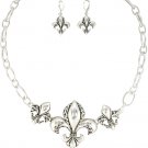 18" Silvertone Scroll Design Triple Fleur de Lis Necklace and Earring Set