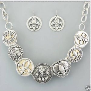 Fleur De Lis Dual Tone Necklace and Earring SET