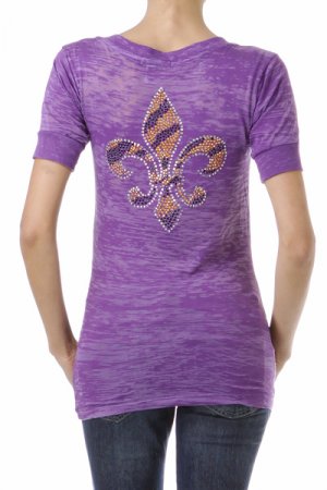 Rhinestone Tiger Stripe Fleur de Lis Short Sleeve V-Neck T - Size Small