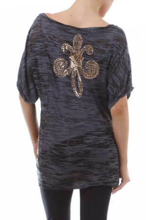Size X Large Rhinestone Fleur de Lis Short Sleeve Burnout Tunic