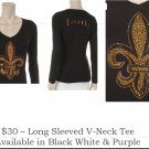 Size Large Rhinestone Fleur de Lis V Neck