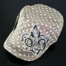 Khaki Rhinestone Fleur de Lis Beige Polka Dot Hat