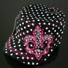 Black Rhinestone Fleur de Lis Polka Dot Hat