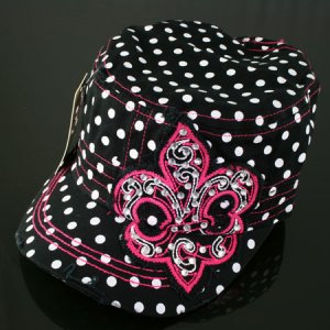 Black Rhinestone Fleur de Lis Polka Dot Hat
