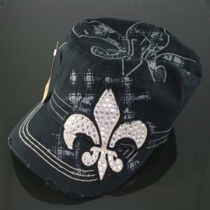 Solid Black with White Rhinestone Fleur de Lis Hat