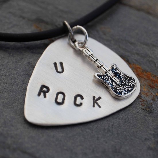Guitar Pick Necklace Sterling Silver Personalized Handstamped Guitar Pick