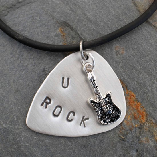 Guitar Pick Necklace Sterling Silver Personalized Handstamped Guitar Pick
