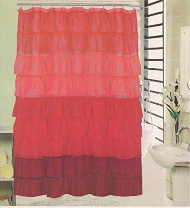 Red Ruffle Beverly Shower Bath Curtain, Fabric Polyester 72 x 72-Inch, NEW
