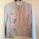 Beige Dress Jacket Fitted Embroidered Floral Appliques Sz 12 Linen & Rayon Lined
