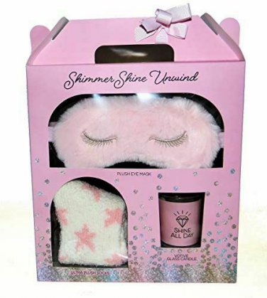 Shimmer Shine Relaxation Gift set w Pink Plush Eye Mask, Socks & Candle NEW
