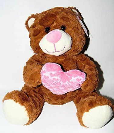 Furry Brown Teddy Tatty Bear w Pink Heart Plush Stuffed Animal 13.5 inches NEW