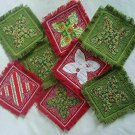 Christmas Linen Fringed Coasters Set of 8 NEW- Embroidered Design