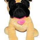 Large Stuffed Plush Tan Pug Dog Puppy Pet with Pink Heart Collar 15 inches NEW