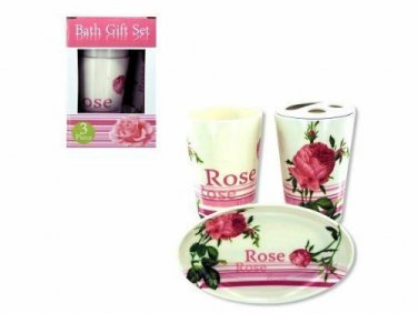 3 Piece Bath Accessories Gift Set Pink Rose Design Plastic NEW