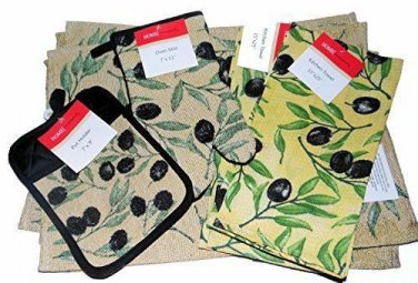 8 Pc Olive Print Tapestry Kitchen Set Potholder, Oven Mitt, Placemats Towels NEW