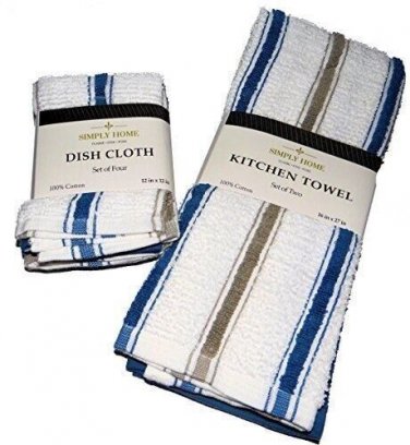 Stripe 6 Pc Kitchen Linens Set Towels & Dish Cloths 100% Cotton NEW Choose Color