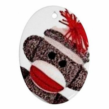 Sock Monkey Face Oval Porcelain Ornament or Wall Decor NEW