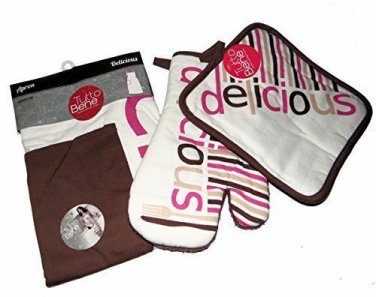 Pink & Brown Kitchen Set - Apron, Pot Holder, Oven Mitt "Delicious" NEW