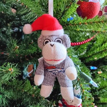 Denver Broncos Sock Monkey Christmas Ornament Football 5" Tall w Santa Hat Used