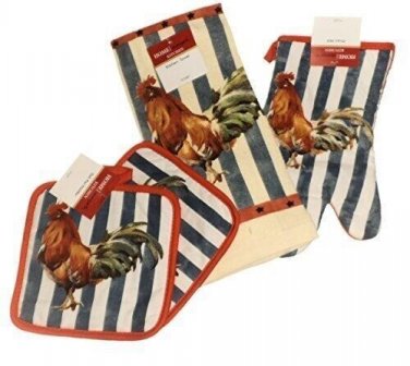 Rooster Country Stripe Design4 Pc Kitchen Set w Potholders, Oven Mitt, Towel NEW
