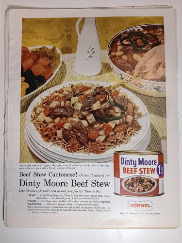 Vintage 2 Side Dinty Moore Beef Stew & Banana Fruit Ad Aug 1958 BH&G Magazine